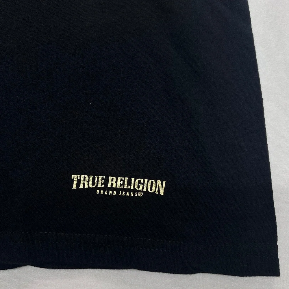 True Religion Mens Black Gold Foil Logo Short Sleeve Cotton T-Shirt Large
